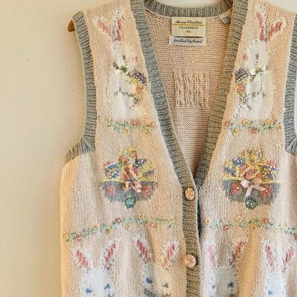 VTG 90s Marisa Christina Sweater Vest Easter Bunny Eggs Embroidered Handknit XL - Picture 2 of 13